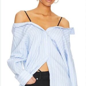 Alexander Wang Light Blue Striped Off-Shoulder Shirt